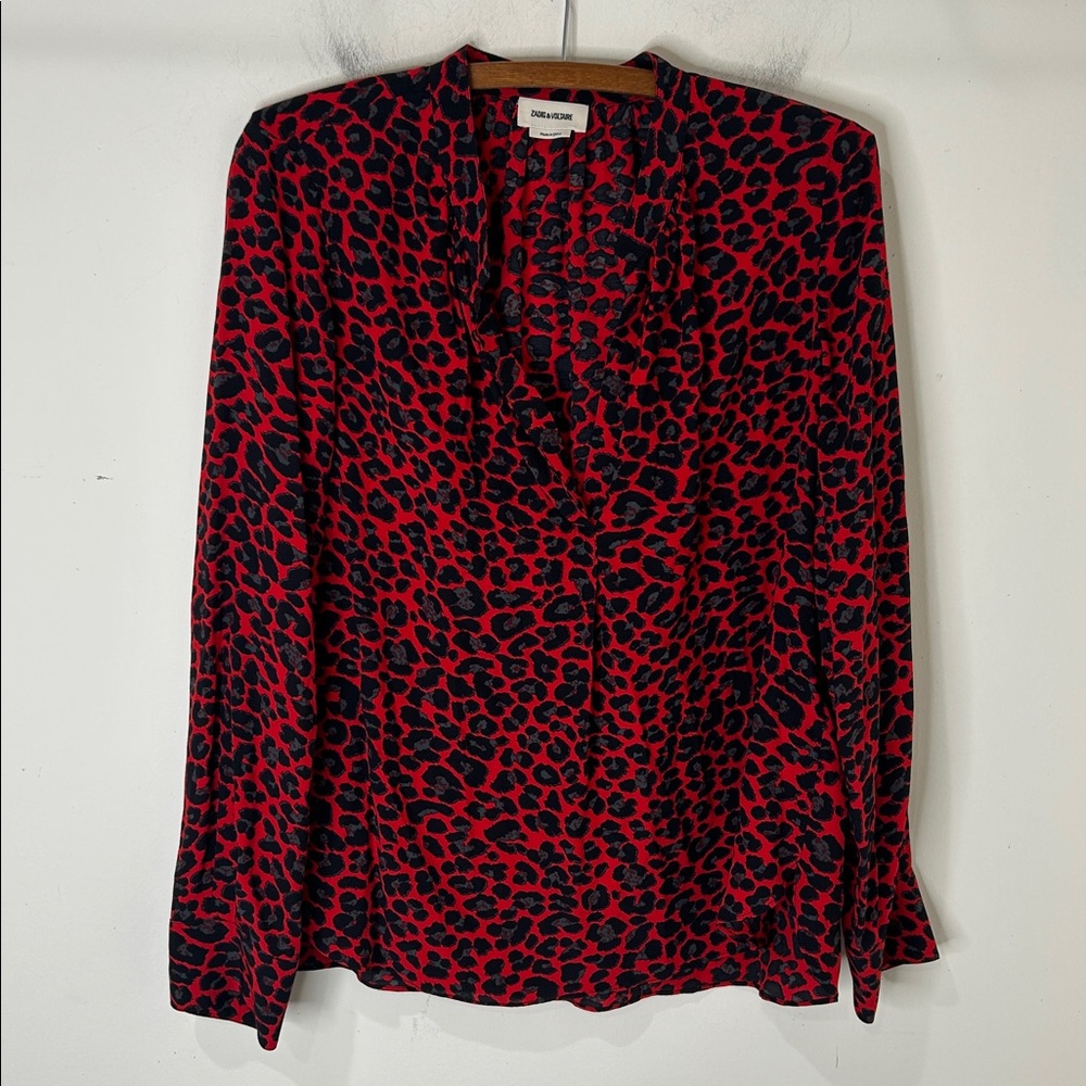 Zadig & Voltaire Red and Black Leopard Print V-Neck Blouse - Picture 3 of 15